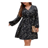 Vestido Corto Negro Manga Larga Casual Formal Flores Curvy