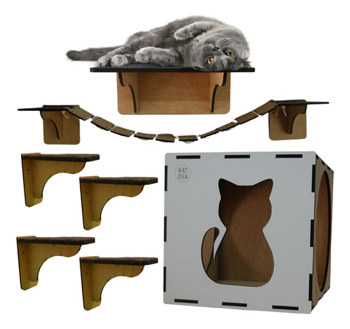 Kit De Gato Casa Casinha Parede Playground 7 Peças Promoção