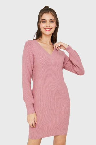 Sweater Vestido Cuello V Rosado Nicopoly