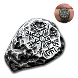 Anillo De Acero Vegvísir Brújula Vikingo Color Plata Hombre