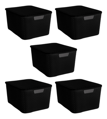 Kit 5 Caixas/cestos Organizadoras Rattan Preto C/ Tampa - 7l