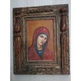 Cuadro Pintura Antigua Virgen Bizantina Óleo Vintage Tabla 