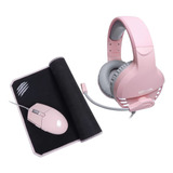 Fone De Ouvido Rosa + Headset Rosa Led Branco + Mouse Pad