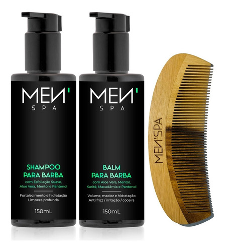 Shampoo De Barba Limpeza + Balm Anti Coceira + Pente Madeira