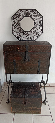 Mueble Antiguo Bar Baúl Y Espejo En Forja Y Madera Antiguo