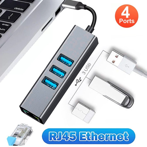 Adaptador Ethernet Tipo C A 3 Puertos Usb 3.0 Hub Rj45