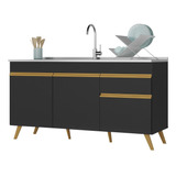 Balcão Cozinha Gabinete Pia 150cm Veneza Multimóveis V2072 Cor Preto/dourado