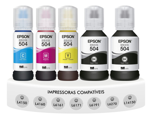 Kit 4 Refil Tinta T504 Epson L6161 L4150 L4160 + 1 Preta