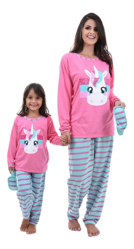 2 Pijamas Femininos Mãe E Filha Estampa Unicórnio Longo
