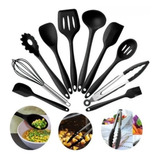 Jogo 10 Utensílios Cozinha Silicone Preto Colher Pegador