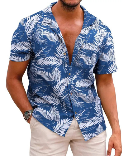 Camisa De Manga Corta Con Estampado Hawaiano Para Hombre