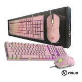 Kit Teclado Español + Mouse Xinua Km1 Rosa Gamer Luz Rgb Usb