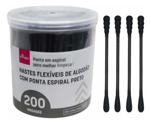 Daiso Hastes Flexíveis De Algodão Formato Espiral Preto Cotonetes 200 Unidades