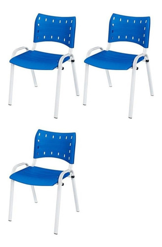  Kit 3 Cadeira Iso Base Branca Escola Igreja Azul 