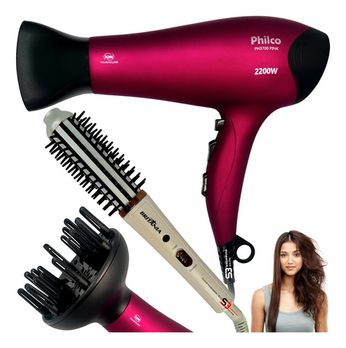 Secador De Cabelo 2100w Pro Com Difusor E Escova Alisadora