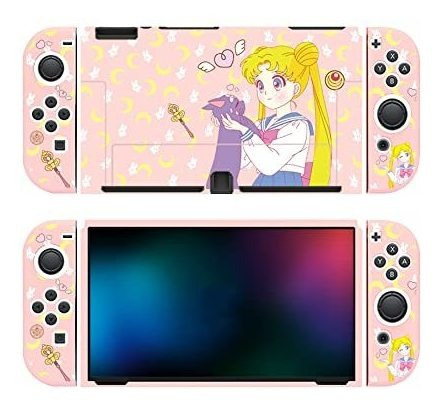 Carcasa Para Nintendo Switch Oled Y Joycons Chica Anime Rosa