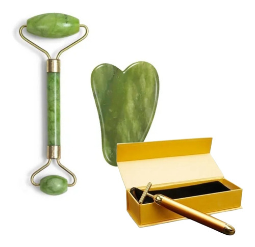 Kit Massagem Rosto Pedra Jade+ Massageador Dourado Anti Ruga