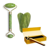 Kit Massagem Rosto Pedra Jade+ Massageador Dourado Anti Ruga