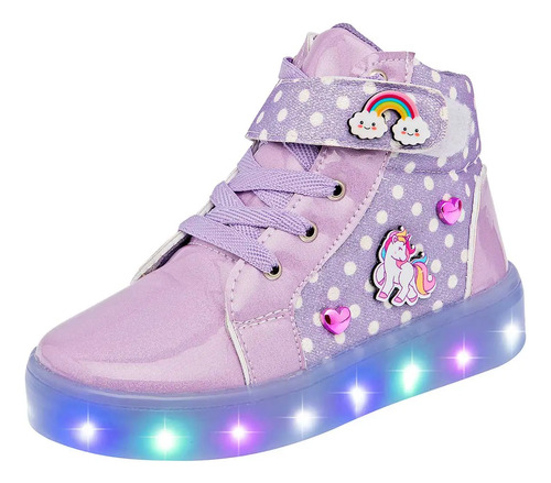 Efectos Tenis Botin Con Luces Para Niña Lila Charol Blanco Cod 116697-2