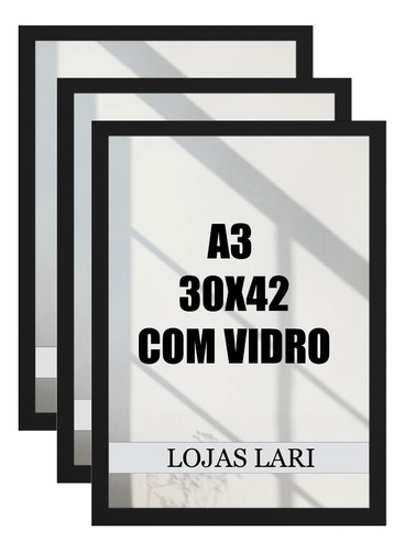 Kit 3 Quadros Porta Retrato Foto Moldura C/ Vidro A3 30x42cm