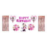 Kit De Globos Happy Birthday Minnie Gigante Rosa + Cortinas