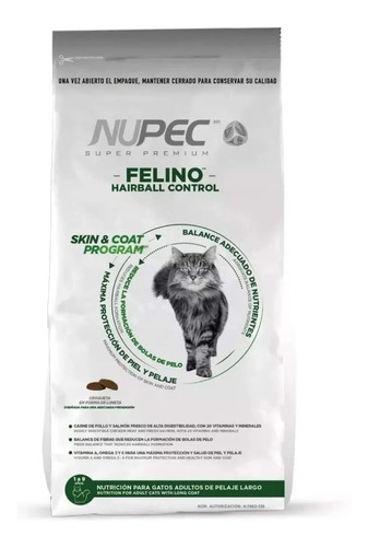 Alimento Nupec Felino Hairball Pelaje Largo Para Gato Adulto Sabor Pollo, Salmon Y Arroz En Bolsa De 3kg