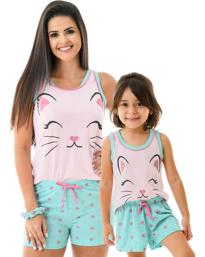 Kit Pijama Feminino Mãe Filha Babydoll Confortável Verão Cat