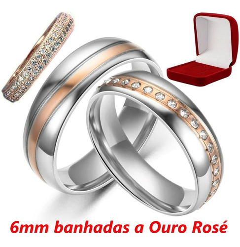 Par De Alianças Banhada Ouro Rose E Prata + Anel + Caixinha 