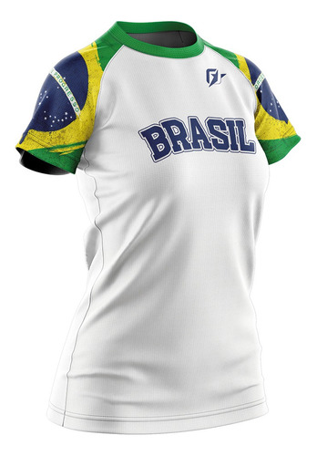 Camiseta Baby Look Filtro Uv Brasil Bandeira Overfame Branco