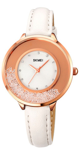 Reloj Mujer Skmei 1782 Cuero Ecologico Minimalista Elegante Color De La Malla Blanco Color Del Bisel Dorado Rosa Color Del Fondo Blanco