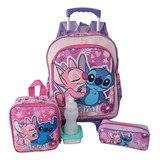 Kit Mochila Escolar Lilo & Stitch Rosa Filme Rodinhas Tam G 