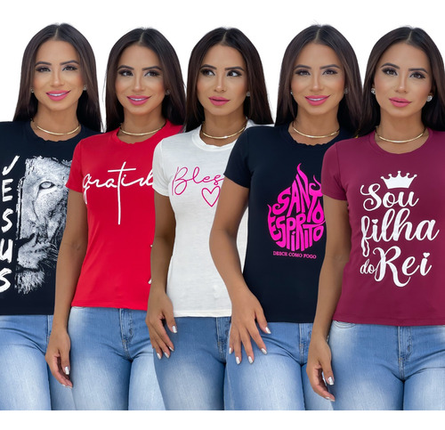 Kit 5 Blusas T-shirt Frases Evangélicas P Ao Gg Atacado