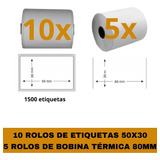 10 Rolos Etiqueta 58x30 P/ Mini Impressora + 5 Bobinas 80mm