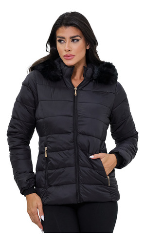 Jaqueta Puffer Feminina Peluciada Inverno Impermeável Capuz