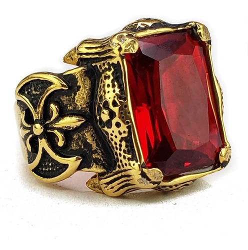Anillo Rojo Estilo Vikingo Acero Inoxidable Dorado Unisex