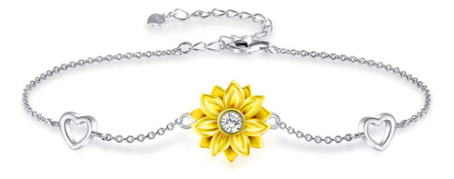 Pulsera Brazalete Plata Fina 925 Flor De Girasol Y Corazón