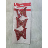 Enfeite 6 Borboletas Vermelha Glitter 8,5cm Decorativo Natal