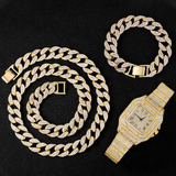 Collar +reloj+pulsera Hip Hop Miami Curb Cadena Cubana Oro