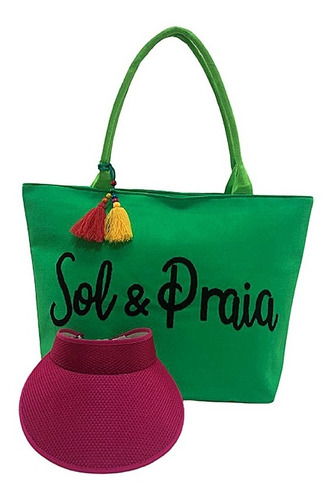 Kit Bolsa Feminina De Praia Neon Verde Viseira Elástico Rosa