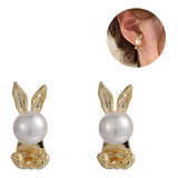 Aretes Mujer De Conejo Arete Chapa De Oro Perla Elegantes