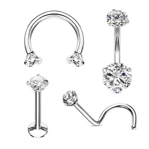 Set 4 Piercing Con Strass Engarzado Acero Quirúrgico Combo