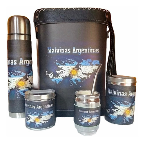 Set Matero Completo Islas Malvinas Bolso Termo De 1 Litro De Acero Inoxidable Yerbera Azucarera Mate Bombilla 