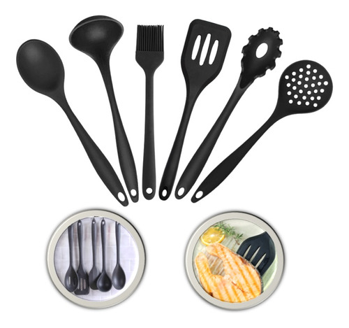 Jogo 6 Utensílios Cozinha Silicone Preto Colher Pegador