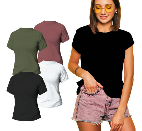 Pack De Remeras Mujer X4 Manga Corta Lisa Algodón - M Al Xxl