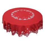 Mantel Redondo Navideño Diseño Copos De Nieve Color Rojo