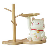 Resina Lucky Cat Estatua Estante De Madera Sentado Otro