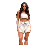 Conjunto 2 Peças Short E Cropped Linho Moda Verão Feminino