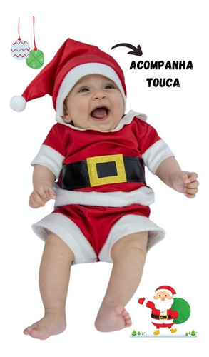 Fantasia Infantil Roupa Papai Noel Bebê Com Touca 0-12meses