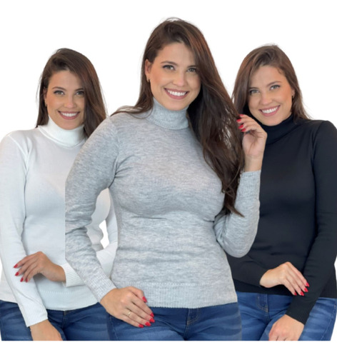 Kit 3 Blusa De Frio Cacharrel Feminina Gola Alta Trico