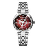 Relógios Seno De Quartzo Luxuosos E Elegantes Com Diamantes Em Fundo Prateado/vermelho